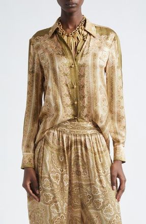 Zimmermann Luna Paisley Print Silk Satin Button-Up Shirt in Olive Perla Paisley at Nordstrom, Size 0P