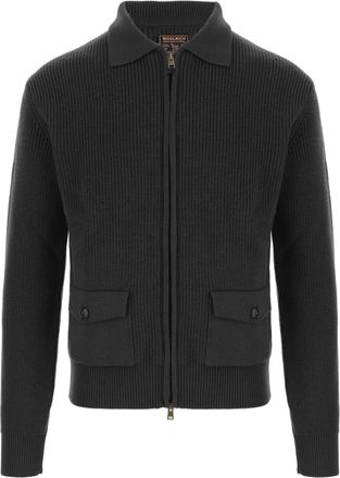 Woolrich Black Full-Zip Ribbed Knit Wool Sweater