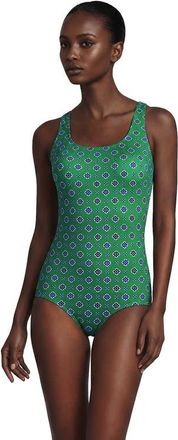 Lands End Tugless Low Leg One Piece Swimsuit in Green/navy Geo Floral at Nordstrom, Size 16