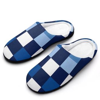 Generic Police Navy Blue White Checkered Slippers Men Winter Warm Cotton Anti-Slip Indoor Slip-Ons House Shoes