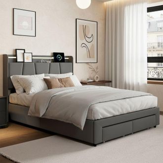 OEM Lit Coffre 140x190 Cm Pocketpop - Tejido De Lino Gris Oscuro, Led 7 Colores, Usb/type-c, 2 Cajones