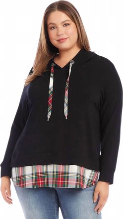 Karen Kane Catalina Contrast Plaid Hem Hoodie In Black Multi