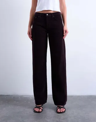 Topshop Ember - Jeans dritti a vita bassa in velluto a coste color cioccolato amaro-Marrone