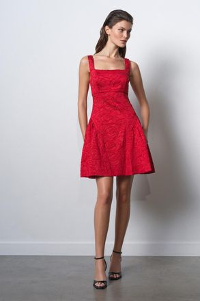 French Connection Womens Red Floral Embroidered Jacquard Sleeveless Square Neck Flared Mini Dress - Size 14 UK