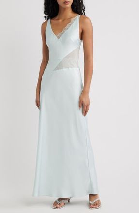 Significant Other Ellis Sheer Mesh Lace Inset Satin Gown in Adriatic at Nordstrom, Size 10