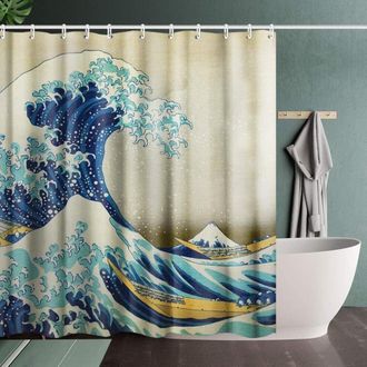 OEM Juego De Cortina De Ducha Invin Art Con Estampado De Olas Para Ba&ntilde;o (con Ganchos), Que Presenta la Gran Ola De Kanagawa De Katsushika Hokusai, Una Pie