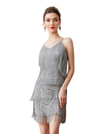 Ever-pretty Womens Sequin Fringe Cocktail Dress, 1920s Iridescent Vintage Flapper Spaghetti Strap Mini Dress for Gatsby Party Grey XL