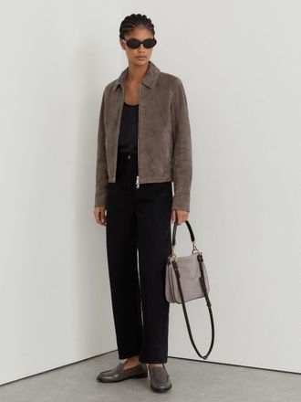 Reiss Grey Sorina Petite Zip-through Moto Jacket, 14