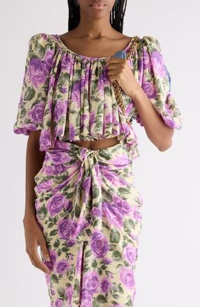 Chlo&eacute; Rose Print Silk Crop Top in Yellow - Purple at Nordstrom, Size 10 Us