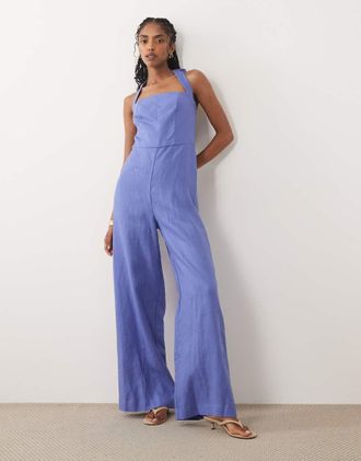 Mango Tuta jumpsuit allacciata al collo in 100% lino blu