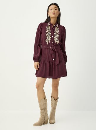 Icone Womens Embroidery and shirt collar belted mini-dress