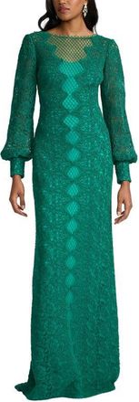 Tadashi Shoji Long sleeve Corded Lace Gown in Emerald at Nordstrom, Size 10