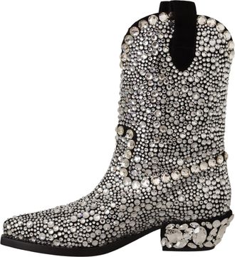 Dolce & Gabbana Womens Black Suede Strass Crystal Cowgirl Boots Leather