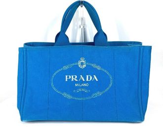 Prada Blue White Canvas Shoulder Bag Tote Bag (Pre-Owned)