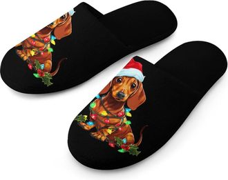 Generic Merry Christmas Dachshund Dog Mens Slippers Warm Non-Slip Houes Shose Spa Slipper for Home Bedroom