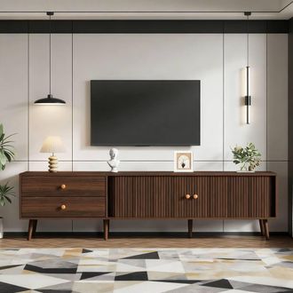 Merax Walnut Effect TV Stand Unit with 2 Drawers & 2 Roller Doors