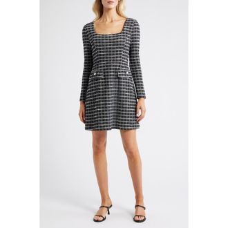 Julia Jordan Windowpane Plaid Long Sleeve Boucl&eacute; Dress in Black Multi at Nordstrom Rack, Size 10
