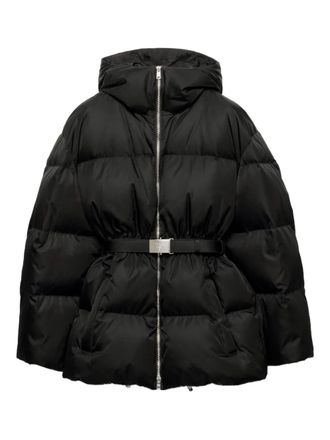 Prada hooded belted puffer jacket - women - Down/Recycled Polyamide - 38 - Black