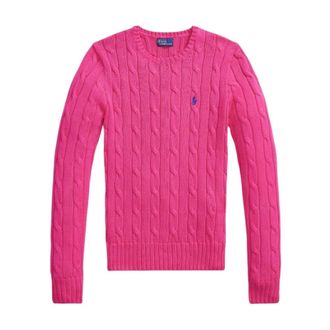 Ralph Lauren Round-neck Knitwear, female, Pink, Size: S Cable-Knit Cotton Crewneck Sweater