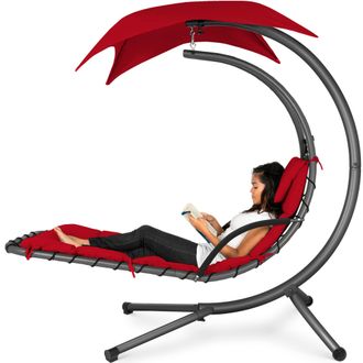 Best Choice Products Hanging Curved Chaise Lounge Chair Swing w/ Pillow, Shade, Stand