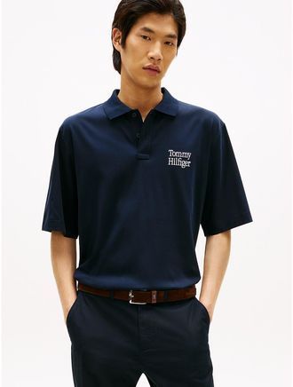 Tommy Hilfiger Mens Oversized Fit Logo Interlock Polo - Navy - XL