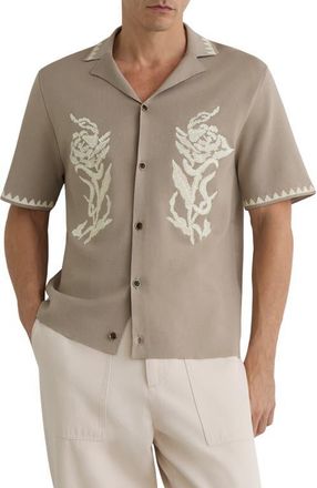 Reiss Folia Floral Embroidered Knit Camp Shirt in Champagne at Nordstrom, Size X-Large