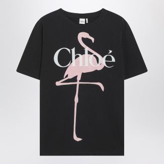 Chlo&eacute; Schwarzes, &uuml;bergro&szlig;es T-Shirt mit Logo und Flamingo-Print