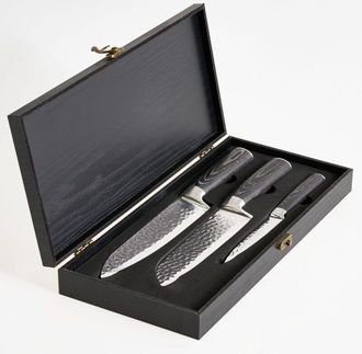 Beliani Conjunto De 3 Cuchillos De Cocina Modernos Afilados A Mano Dureza 62 Hrc Acero Inoxidable De Damasco Negro Kashiwa