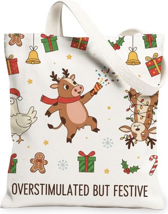 Generic Festive Animal Canvas Tote Bags, Cute Holiday Pattern Reusable Shopping Bags, Lightweight Washable Shoulder Strap Canvas Fo, White, 13x15 Inch