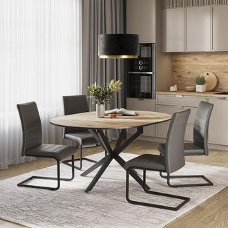 Vicco Set De Mesa De Comedor Loyd, Roble R&uacute;stico/negro, 120 X 120 Cm Con 4 Sillas De Comedor, Gris, Vicco