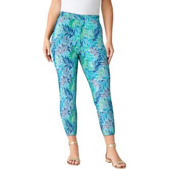 Roaman's Plus Size Essential Stretch Capri Legging in Light Aqua Waterfall Palm at Nordstrom, Size 12