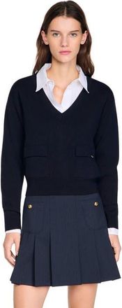 Sandro V-neck wool sweater in Navy Blue at Nordstrom, Size X-Small