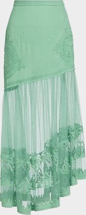 Ulla Johnson Elspeth Floral-Embroidered Sheer Silk Midi Skirt