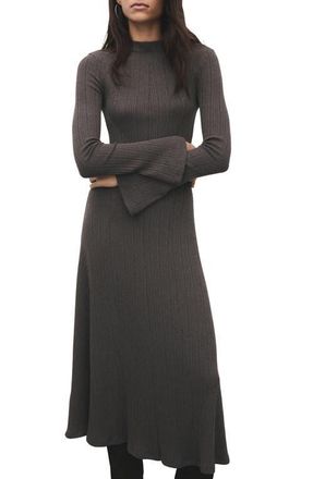 Mango Long Sleeve Rib Midi Dress in Medium Brown at Nordstrom, Size 2