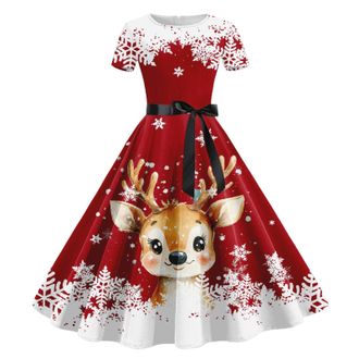 Generic Xmas Dresses, Plus Size Dress Womens Christmas Printed Pullover Womens Dress Dresses for Women UK Plus Size Christmas Fancy Costumes for Women Party O