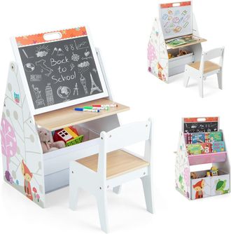 Costway Costway - Juego De Mesa Y Silla Para Ni&ntilde;os Con Pizarras Magn&eacute;ticas Y Pizarra Blanca, Caballete De Arte Y Estaci&oacute;n Para Ni&ntilde;os Peque&ntilde;os, Librer&iacute;a Infant