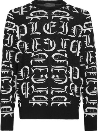 Philipp Plein Pullover Round Neck LS Gothic Plein - Heren - Ronde hals truien - Zwart - 2XL - Wol - Truien & Vesten