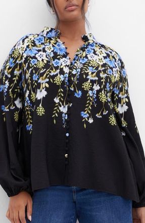 City Chic Kayla Floral Print Shirt in Black/Blue Floral at Nordstrom, Size Xxl