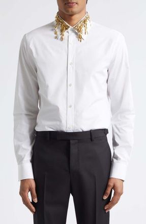 Alexander McQueen Gold Leaves & Crystal Embroidered Collar Cotton Poplin Button-Up Shirt in White at Nordstrom, Size 16.5