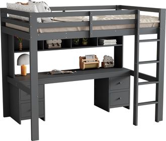STILVORA Cama Alta Cama Individual Con Escritorio, 4 Cajones Y 4 Estantes 90 &times; 200 Cm, Sin Colch&oacute;n, Gris