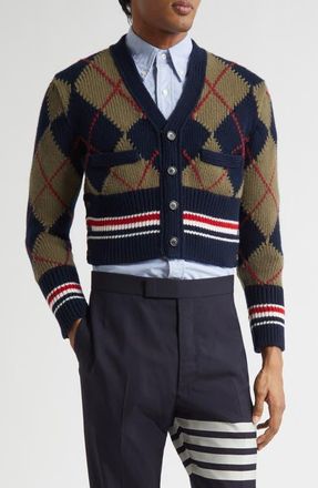 Thom Browne Argyle Intarsia Shrunken Virgin Wool Blend Cardigan in Navy at Nordstrom, Size 1