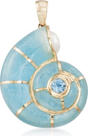 Ross-Simons Milky Aquamarine and. Blue Topaz Snail Shell Pendant With Cultured Pearl in 14kt Yellow Gold