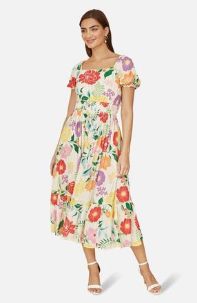 Yumi Short Sleeve Square Neck Midi Dress in Multi at Nordstrom, Size 10