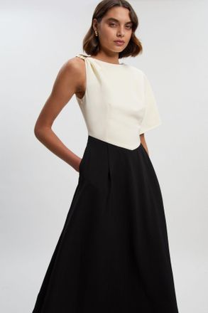 Karen Millen Womens Soft Tailored Trim Detail Full Skirt Midi Dress - Monochrome Multi - Size 10 UK