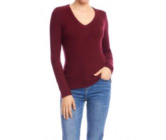 Karen Kane Long Sleeve Ribbed V-Neck Top - Petite In Wine