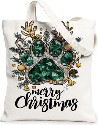 Generic Christmas Paw Print Canvas Tote Bags, Animal Design Reusable Grocery Bags, Vintage Lightweight Washable Shoulder Strap Canv, White, 13x15 Inch