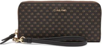 Calvin Klein womens Key Item Saffiano Continental Zip Around Wallet With Wristlet Strap, Brown/Khaki/Black Mini, One size