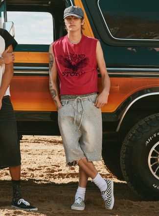 Djab Mens Rhinestone distressed baggy jort Imported from Seoul