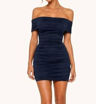 Velvet Off Shoulder Ruched Mini Dress In Navy