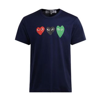 Comme Des Garçons Blue Cotton T-Shirt with Multicolor Hearts